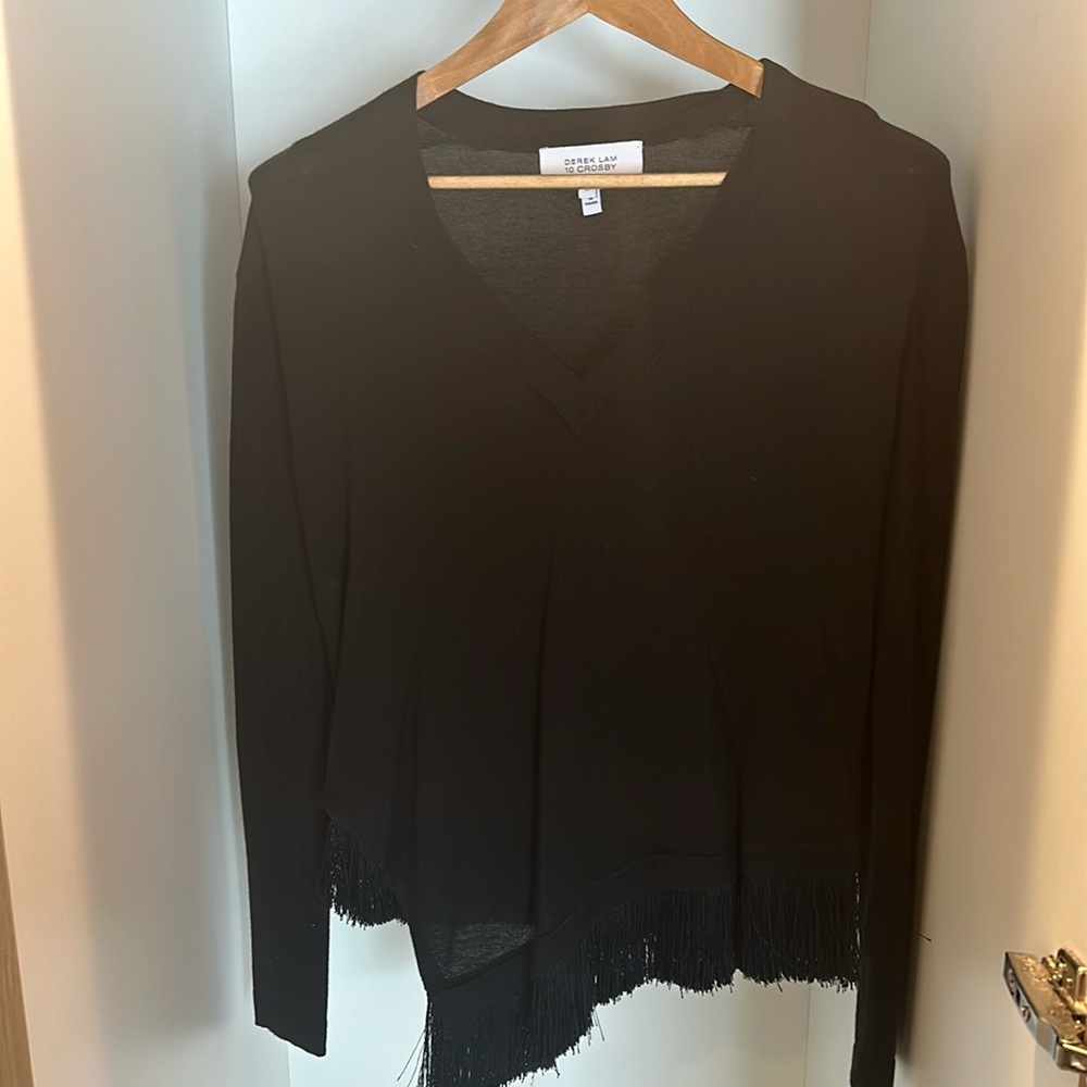 Derek Lam, silk cashmere blend v kneck knit with bottom fringe detail